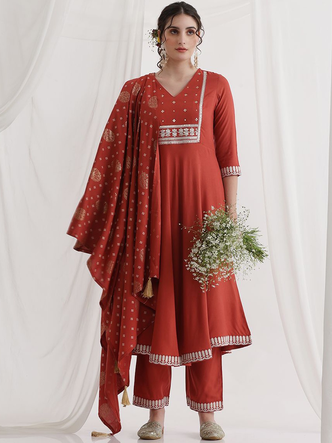 

Khushal K Women Embroidered Angrakha Kurta with Palazzos & With Dupatta, Red