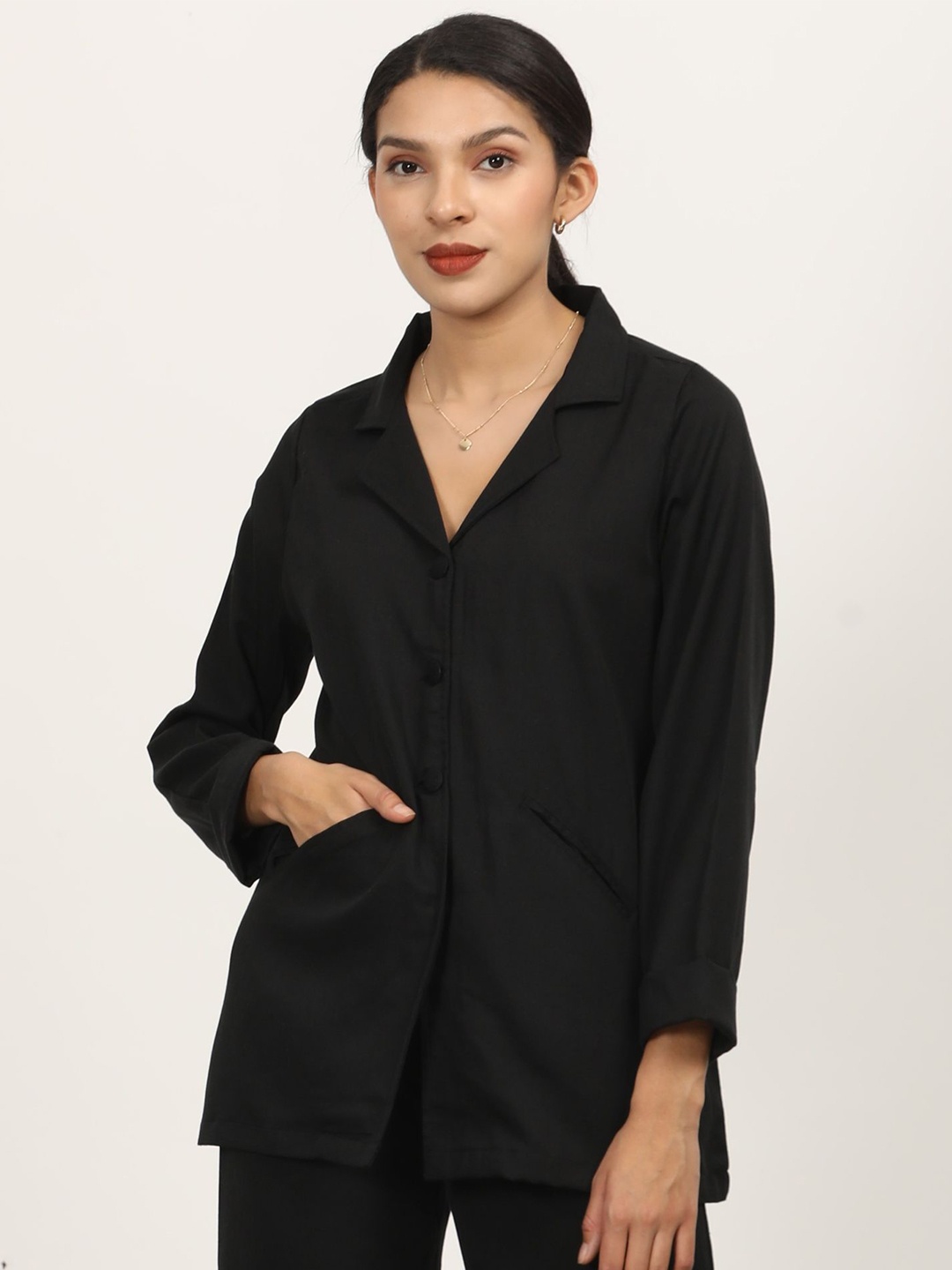 

Saltpetre Women Relaxed Fit Cuban Collar Solid Cotton Casual Shirt, Black