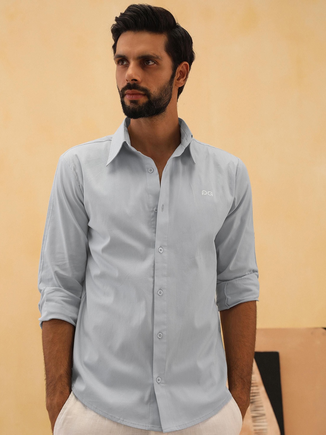 

PRIMAL GRAY Men Slim Fit Spread Collar Solid Cotton Casual Shirt, Blue