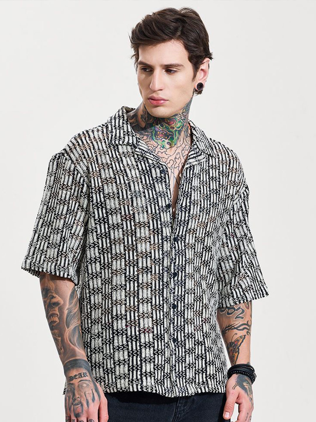 

Snitch Men Semi Sheer Striped Casual Shirt, Black