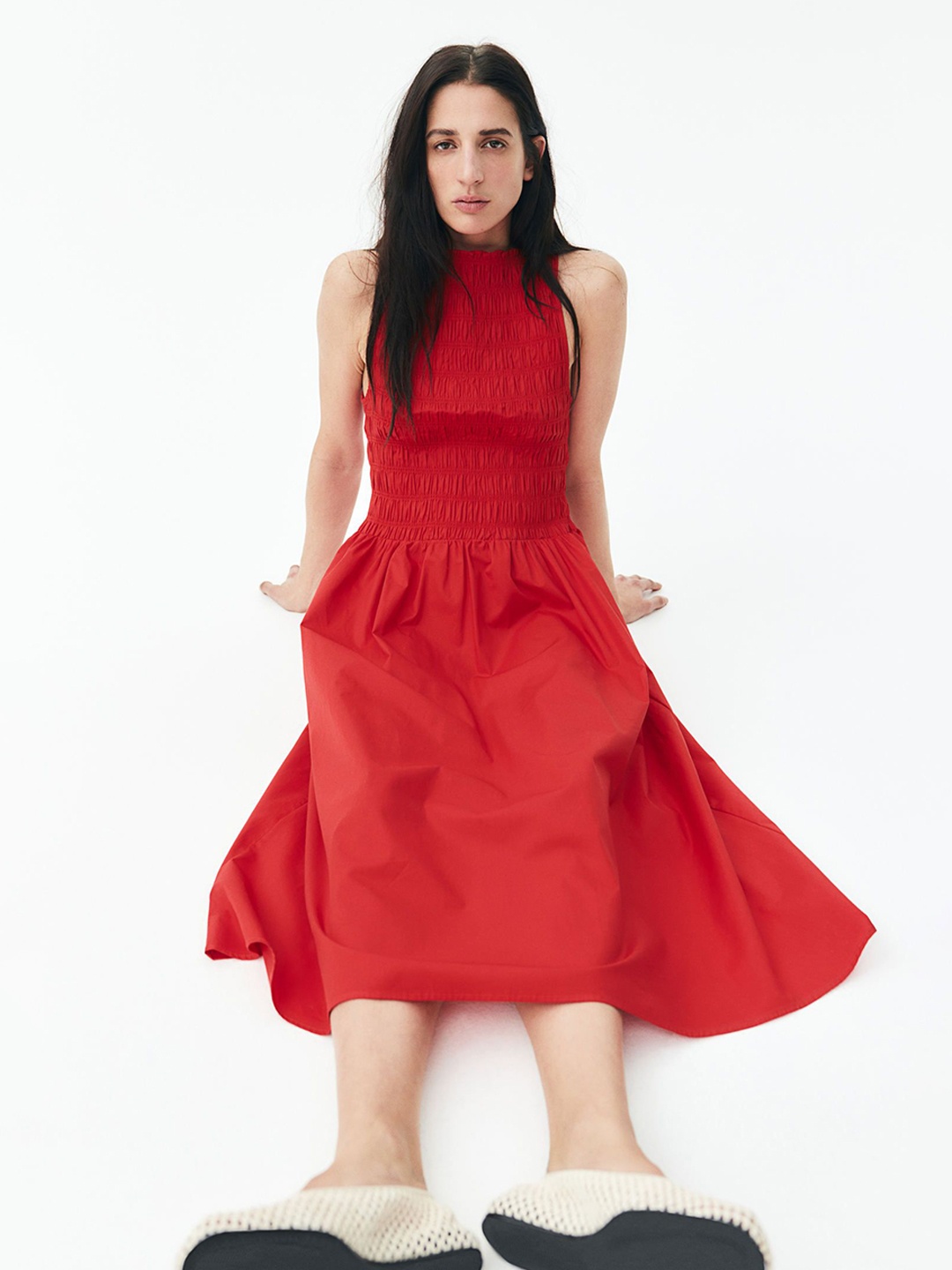 

H&M Smocked-Bodice Boat Neck Fit and Flare Dress, Red