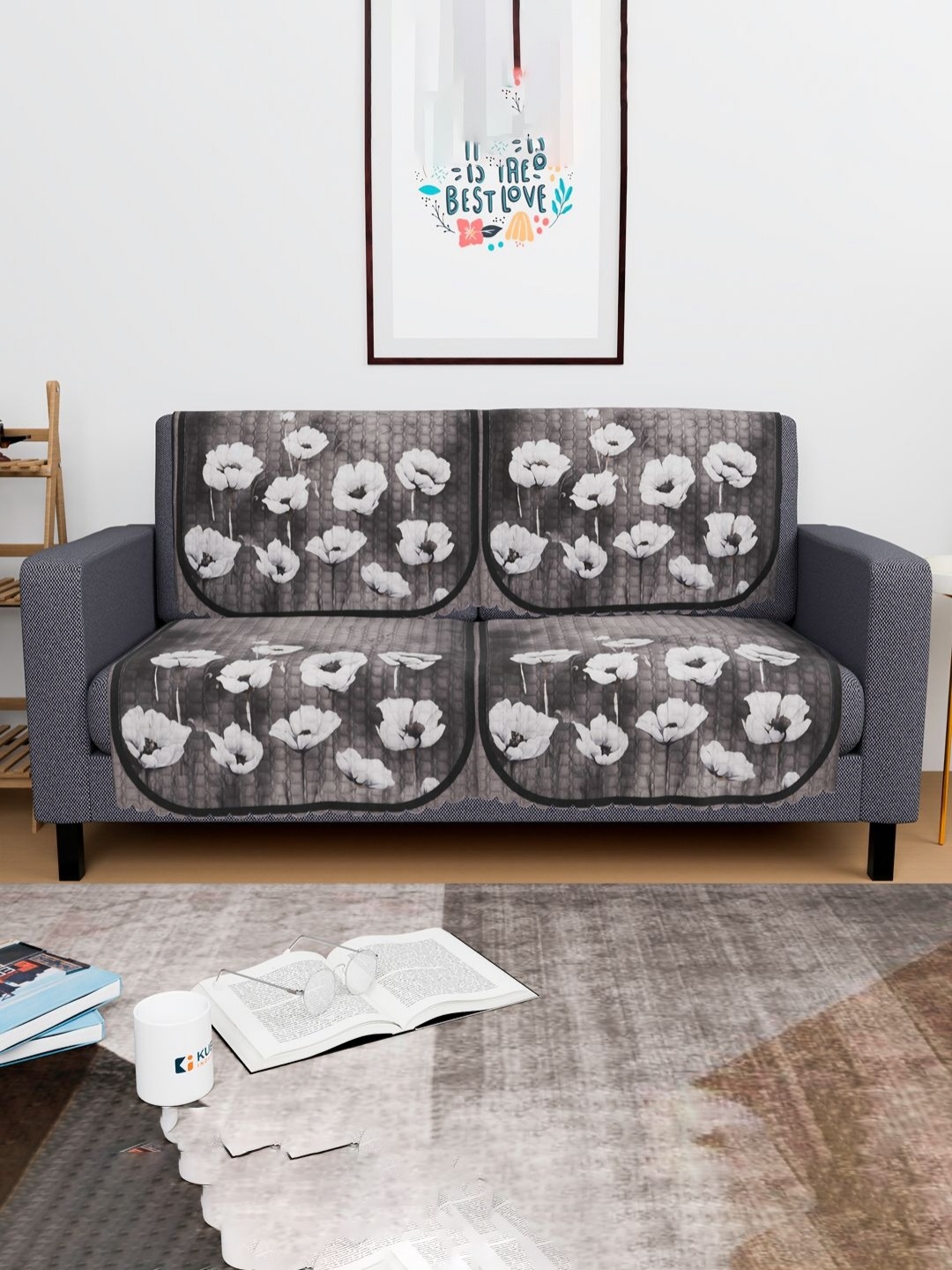 

Aura Green & White 4 Pieces Floral Printed 4 Seater Velvet Sofa Covers