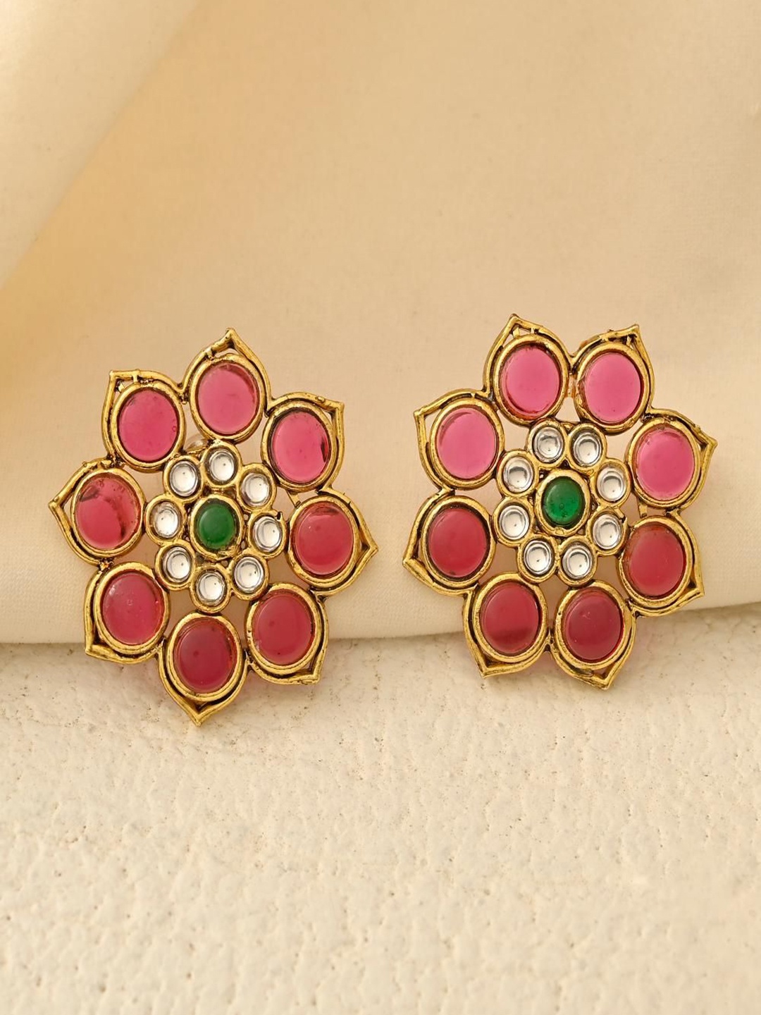 

DASTOOR Gold-Plated Floral Shaped Artificial Stones Studs, Pink