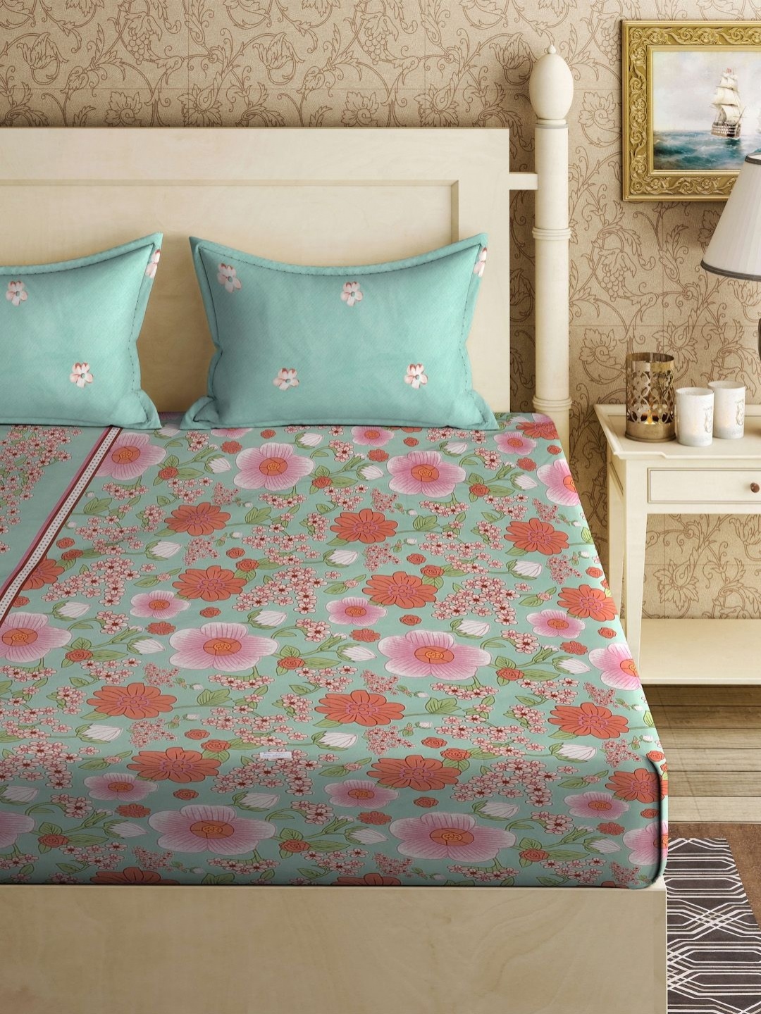 

Myntra Elegant Homes Green Floral Printed 300 TC King Bedsheet Set 2.5 m x 2.2 m