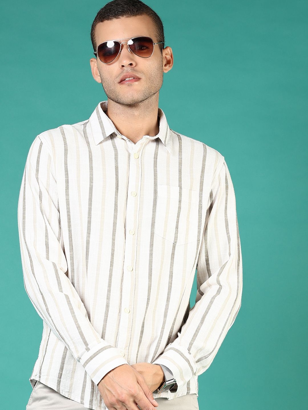 

V-Mart Men Opaque Striped Casual Shirt, Off white