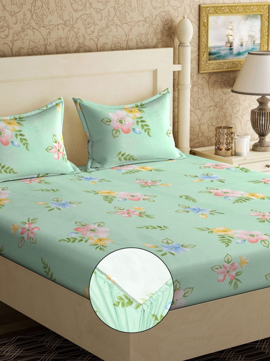 

Myntra Elegant Homes Green & Pink Floral 300 TC King Bedsheet Set 2.5 m x 2.2 m