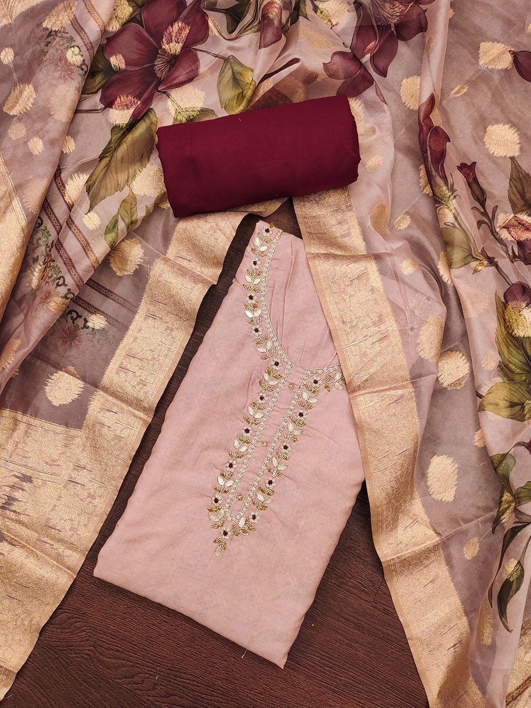 

SHADOW & SAINING Embroidered Pure Cotton Semi-Stitched Dress Material, Peach