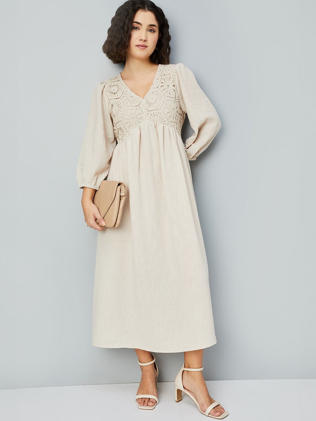 

max Embroidered Puff Sleeve V-Neck Empire Midi Dress, Beige