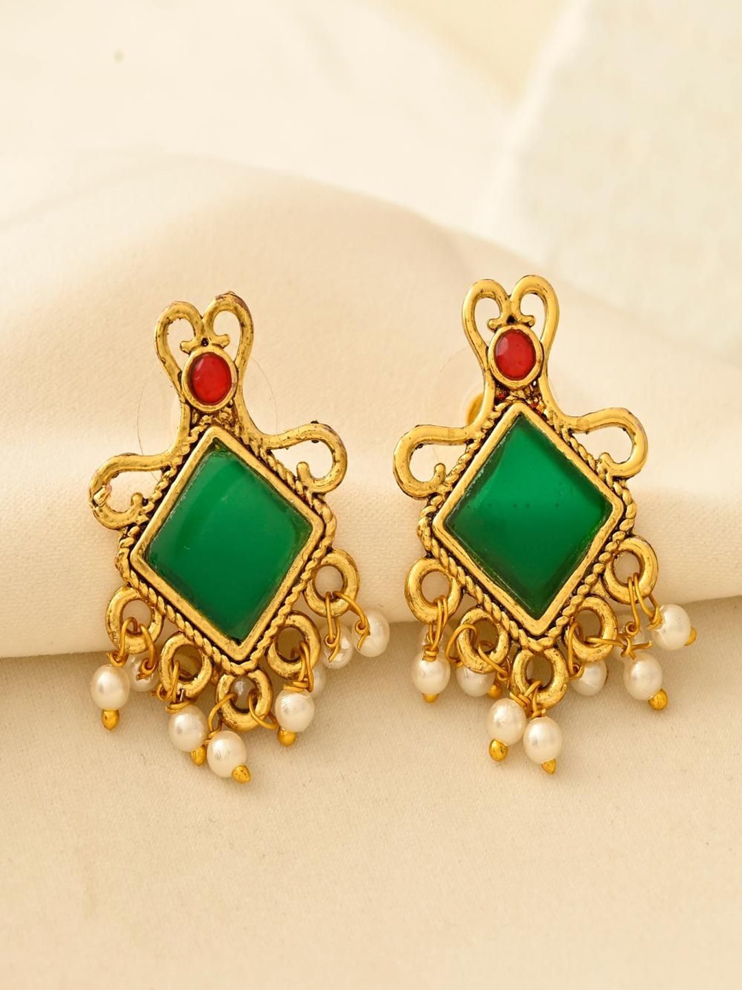

STYYO Silver-Plated Artificial Stones and Beads Square Shaped Drop Earrings, Gold