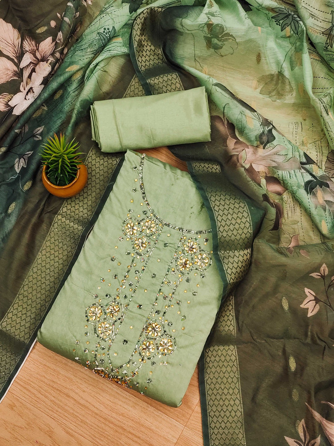 

SHADOW & SAINING Embellished Beads And Stones Pure Silk Unstitched Dress Material, Green