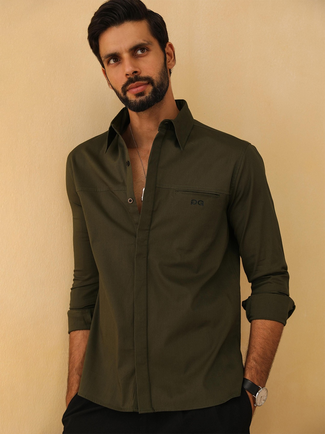 

PRIMAL GRAY Men Spread Collar Solid Cotton Casual Shirt, Olive