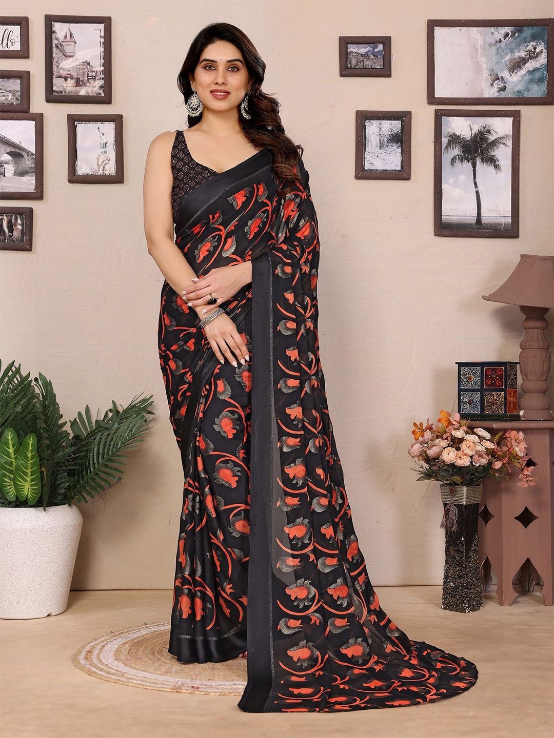 

ROOP SUNDARI SAREES Floral Pure Chiffon Designer Saree, Black
