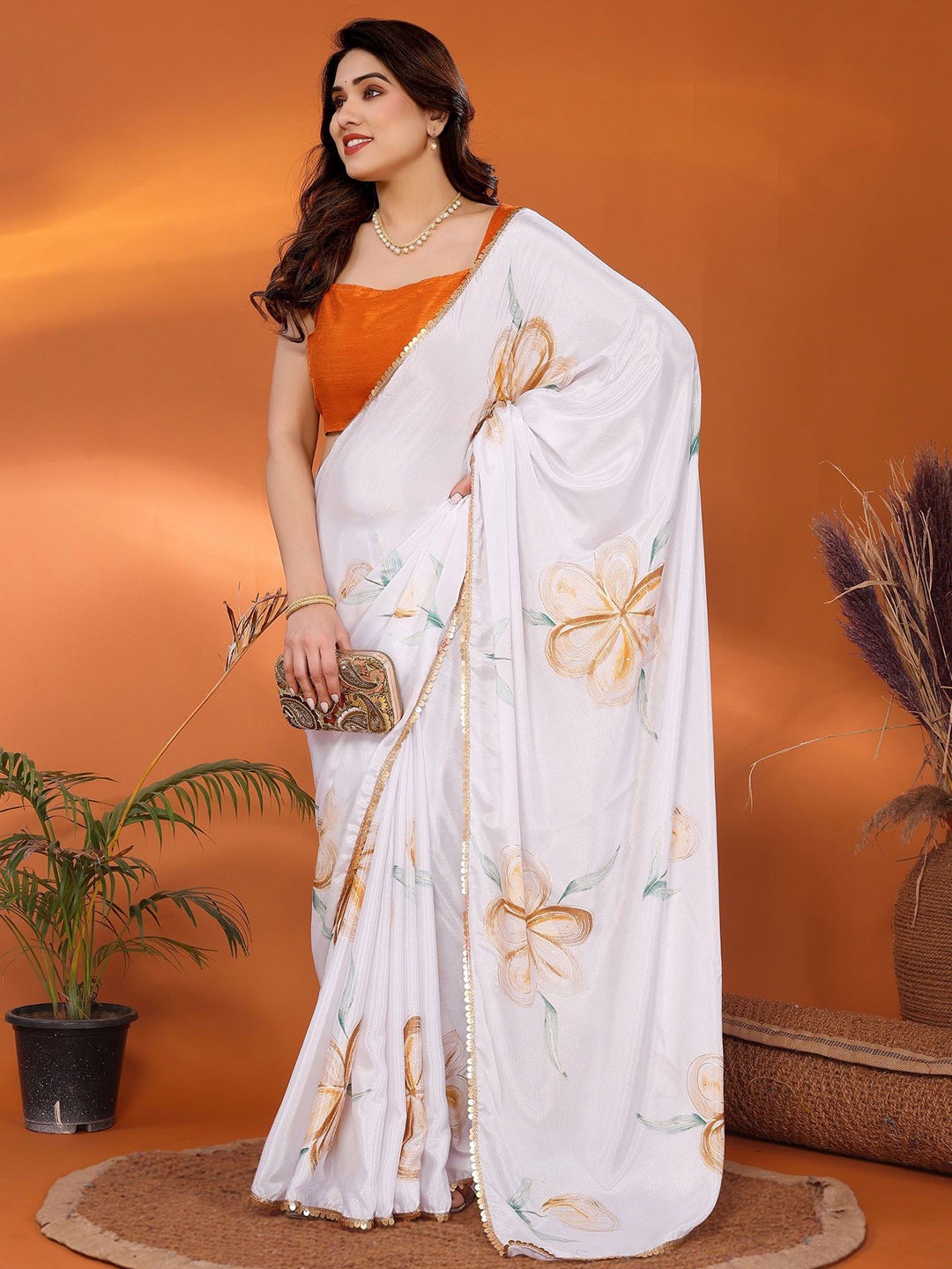 

ROOP SUNDARI SAREES Floral Printed Sequinned Saree, White