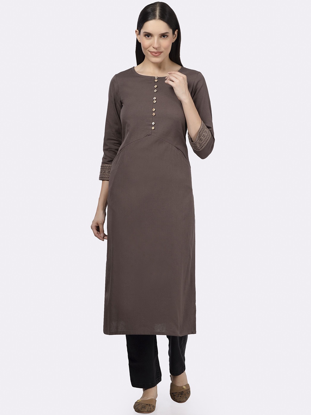 

Saffron Threads Round Neck Cotton Straight Kurta, Brown