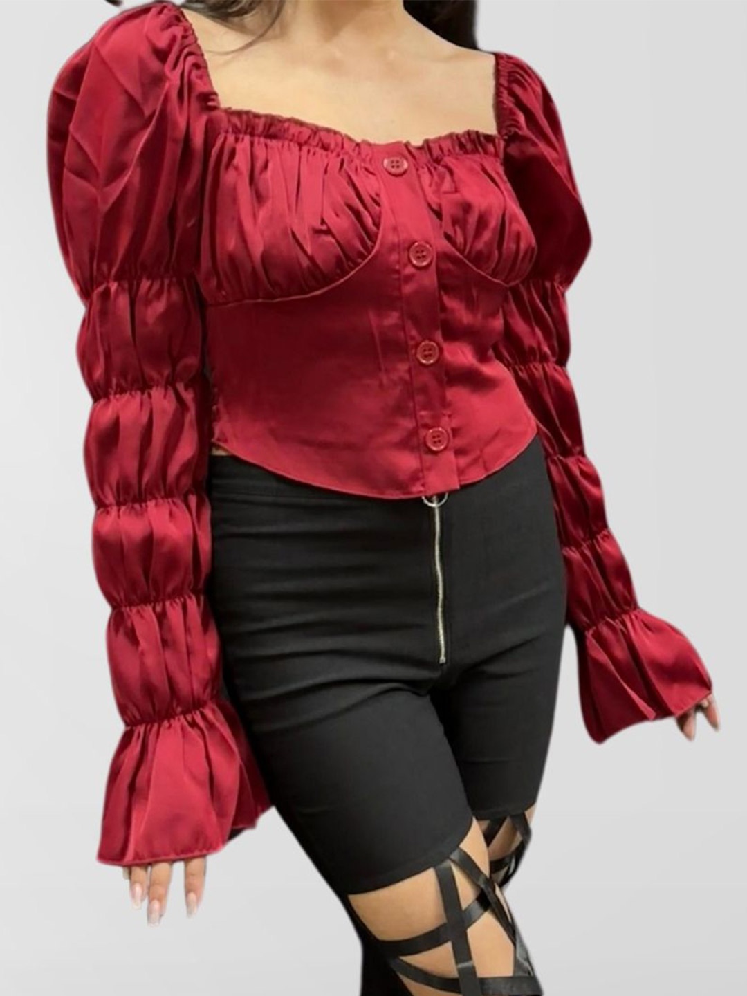 

MADE FOR HER LABEL Women Karter Satin Ruched Full Sleeve Top, Red