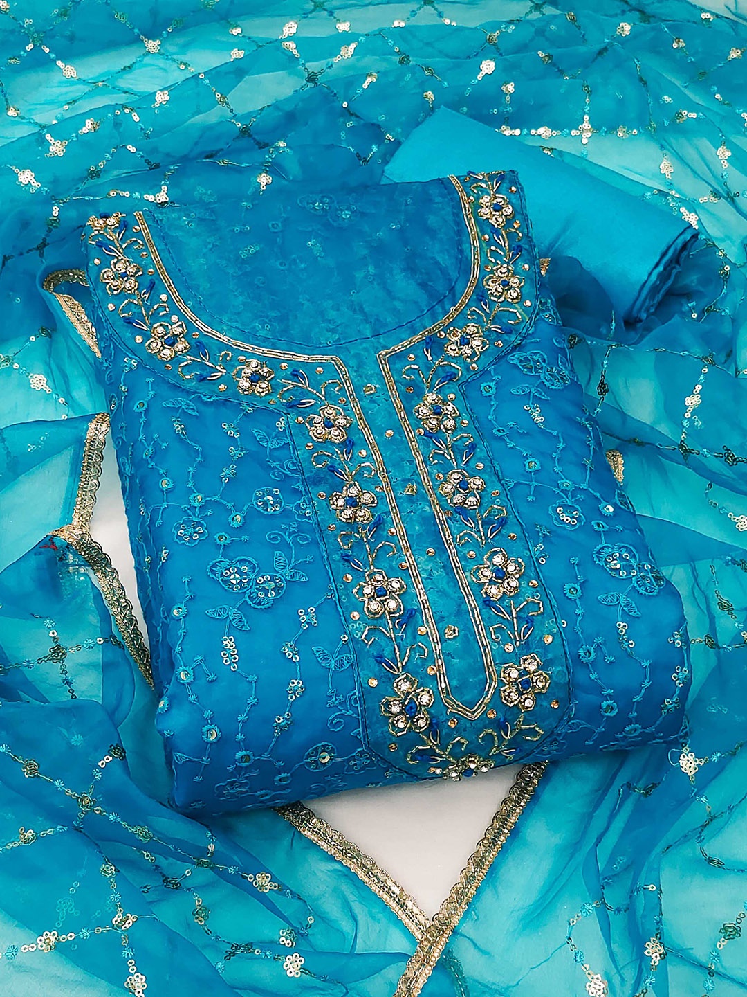 

SHADOW & SAINING Embroidered Organza Semi-Stitched Dress Material, Blue