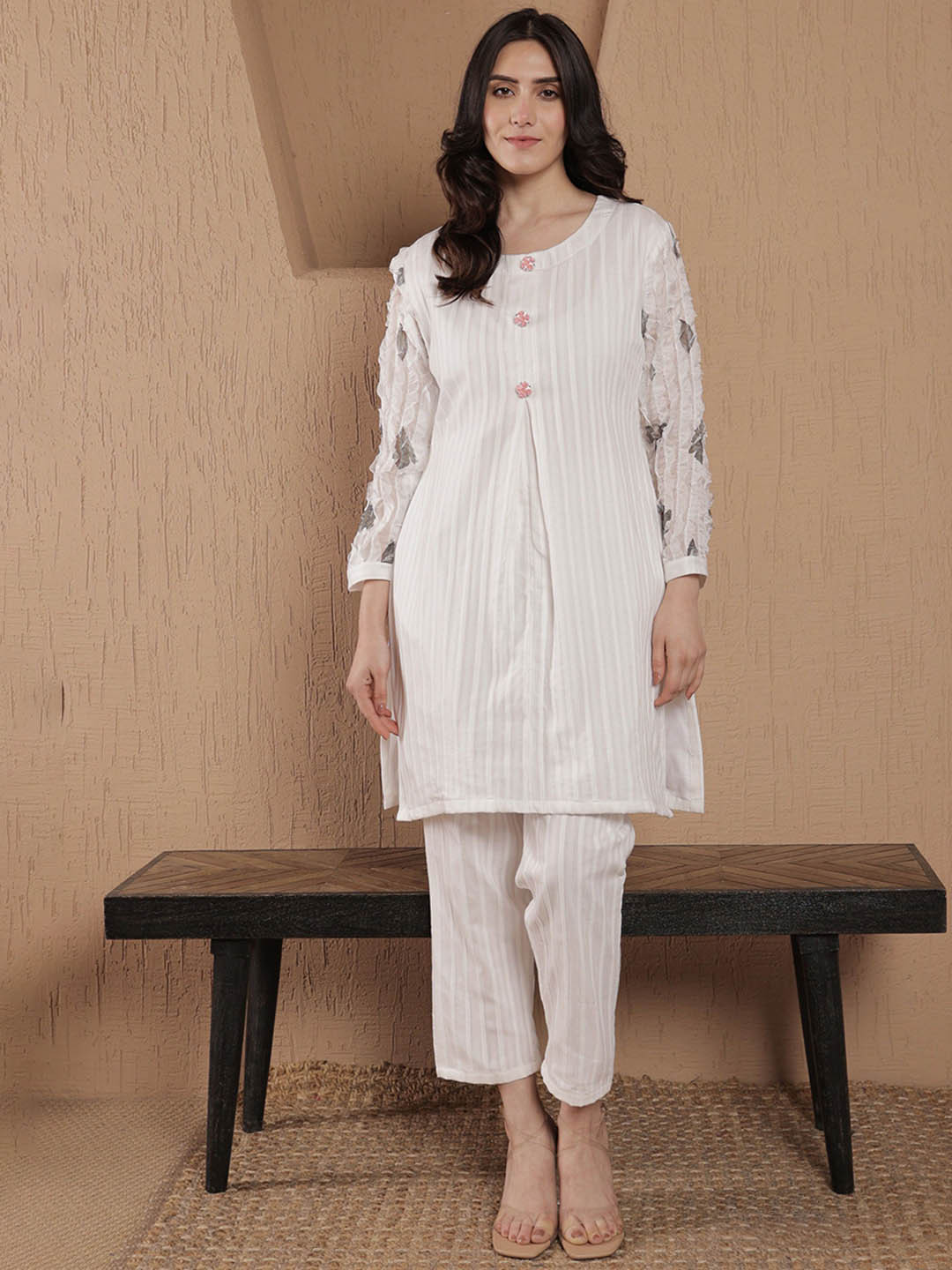 

SRIHA Striped Round Neck Pure Cotton Top With Trousers, White