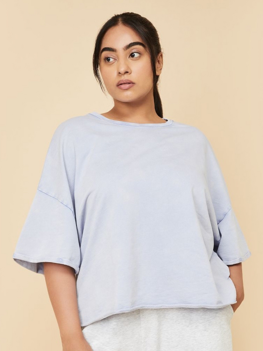 

max Women Plus Size Solid Round Neck Cotton T-shirt, Blue