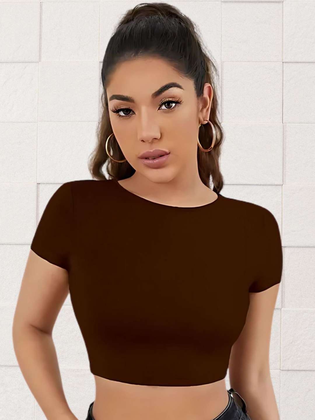 

Miava Joylina Women Cowl Neck Cotton Crop Top, Brown