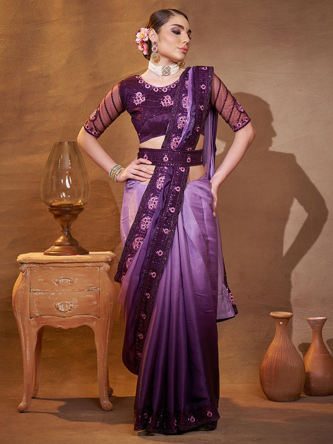 

Kalista Embroidered Embellished Saree, Purple