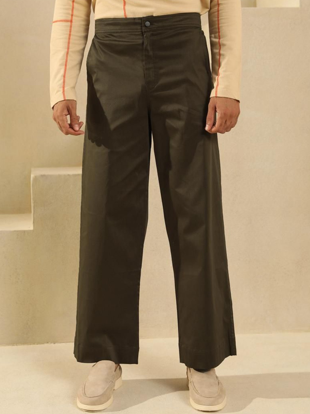 

PRIMAL GRAY Men Cotton Loose Fit Easy Wash Parallel Trousers, Olive
