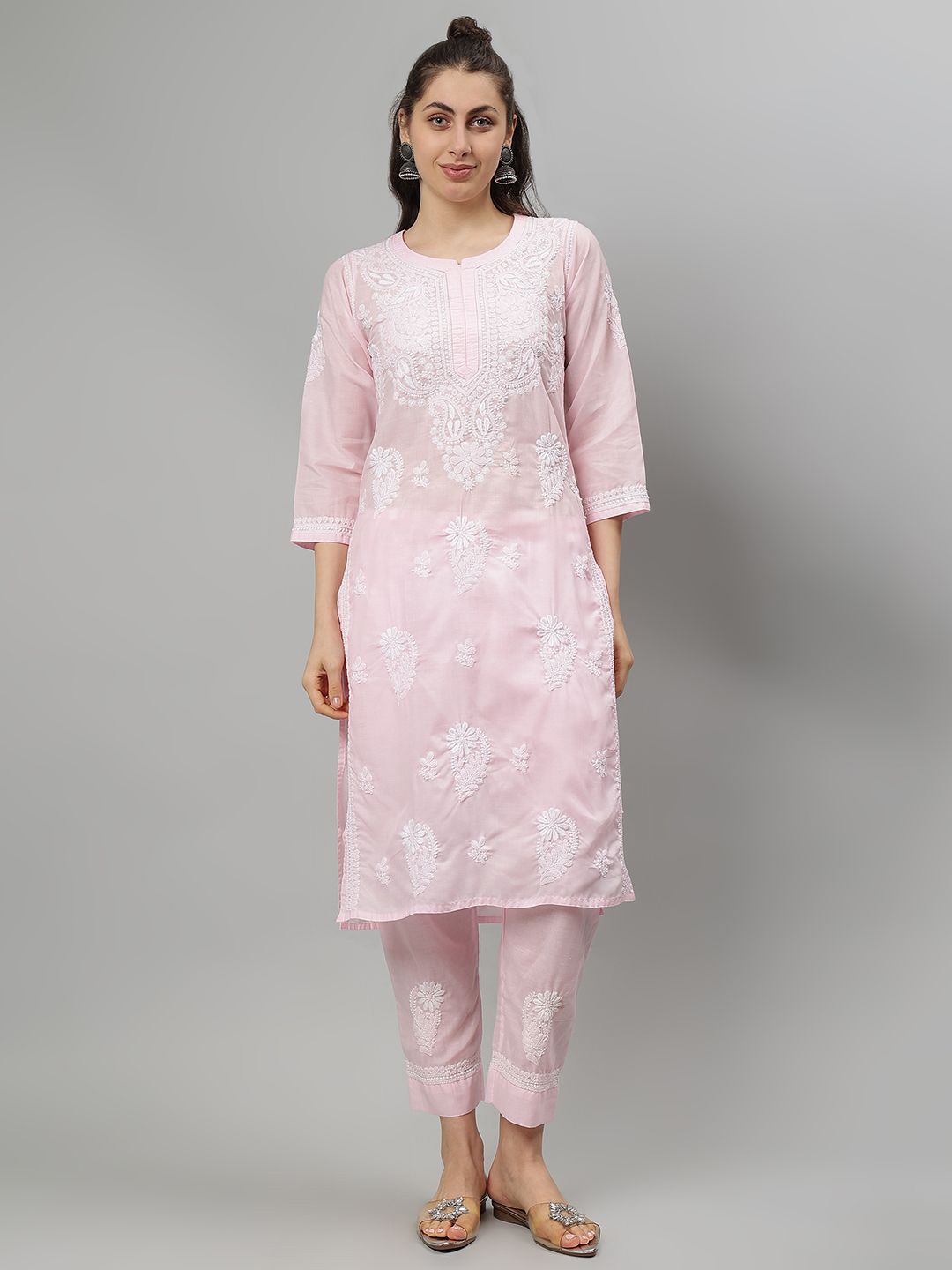 

Seva Chikan Ethnic Motifs Embroidered Lucknowi Chikankari Straight Kurta With Palazzos, Pink