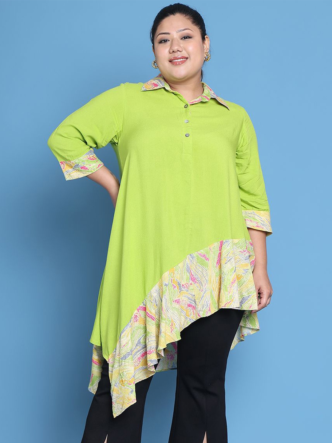 

theRebelinme Women Shirt Collar Long Sleeves High Low Top, Green