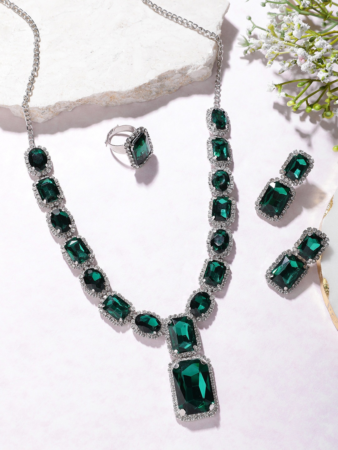 

MANSIYAORANGE Rhodium Plated Crystal AD Gemstone-Studded Jewelry Set, Green