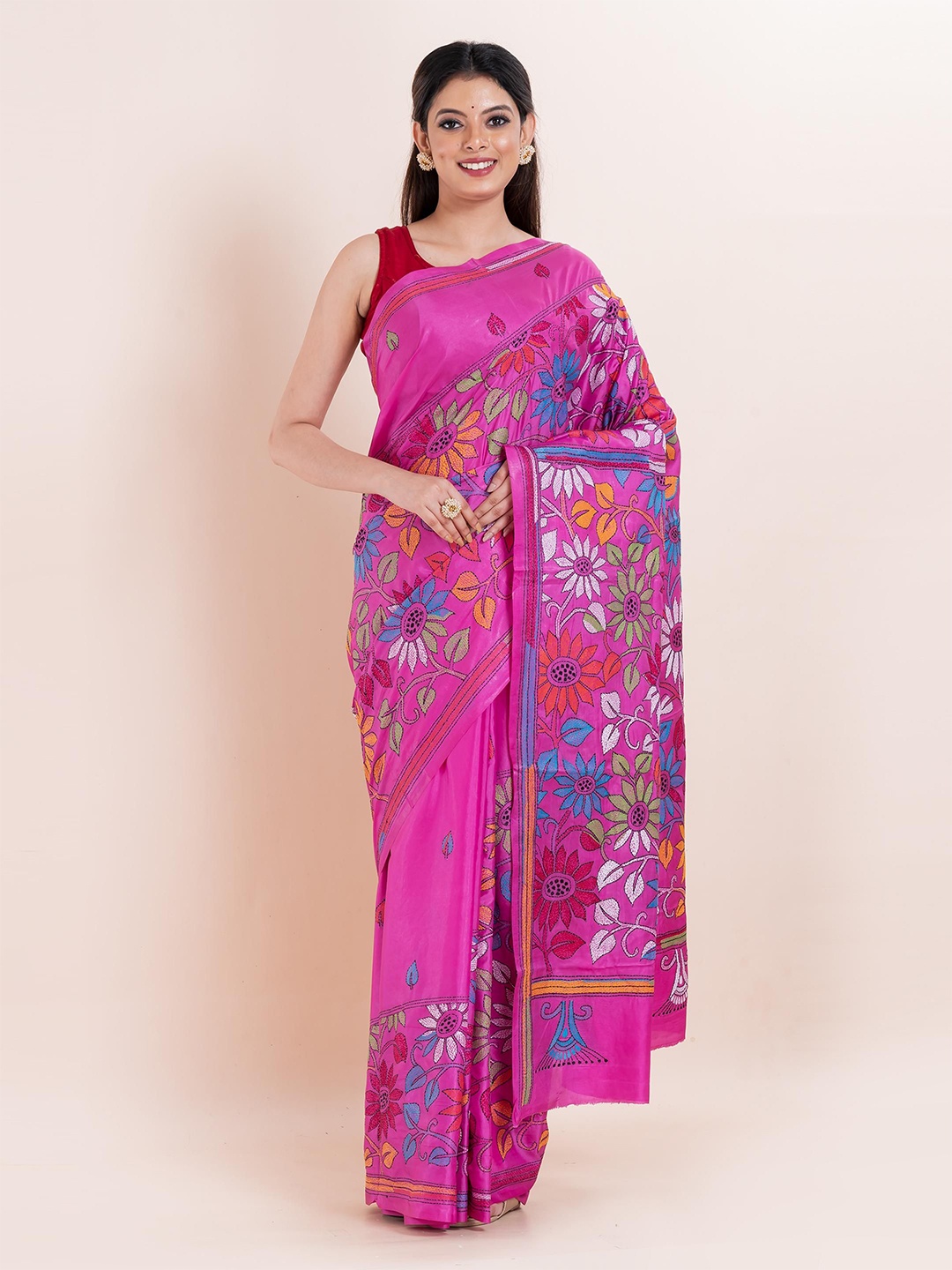 

PUKU Embroidered Floral Kantha Work Saree, Pink