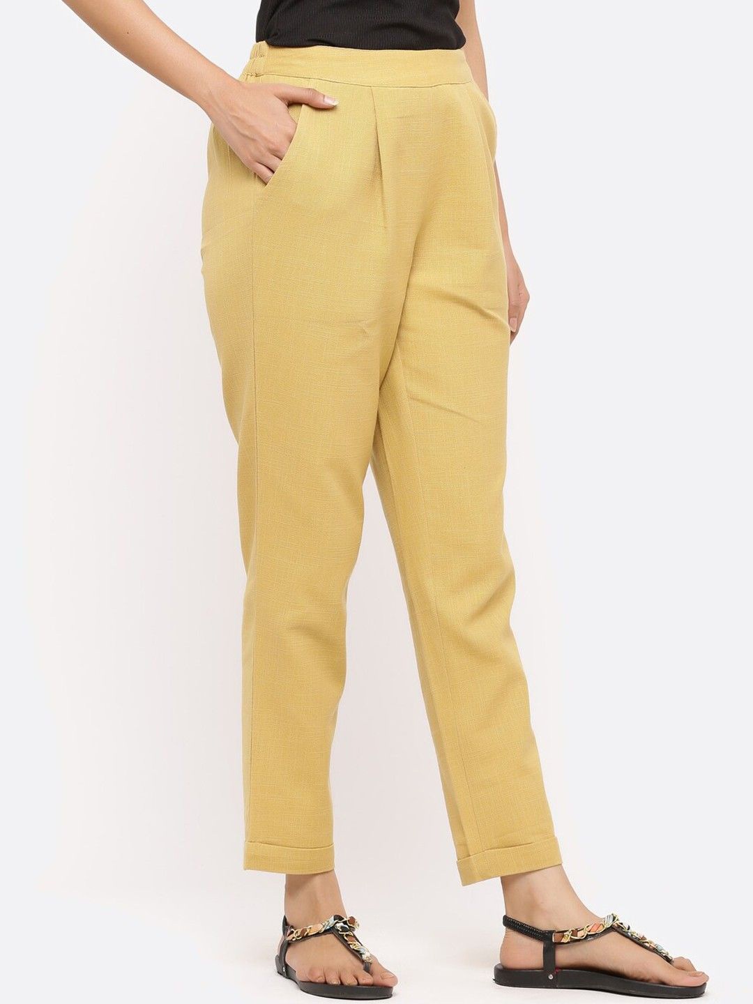

CORSICA Women Cotton Relaxed Pleated Mid-Rise Regular Fit Trousers, Beige