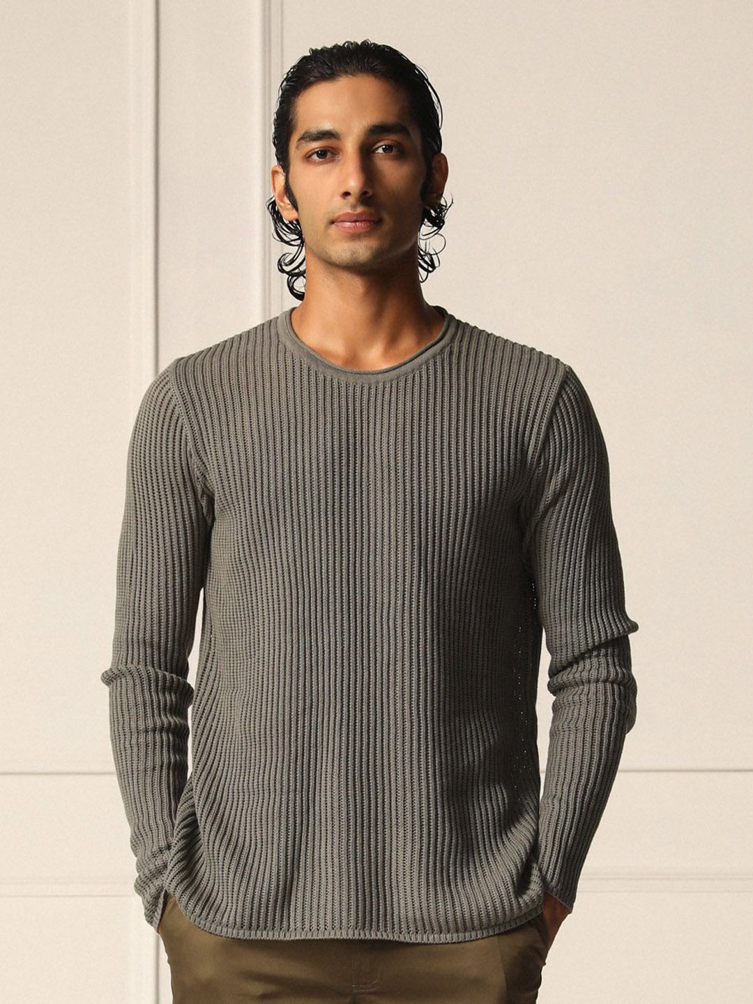 

PRIMAL GRAY Men Ribbed Round Neck Pullover, Grey
