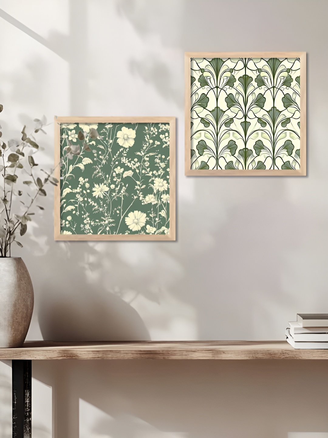 

Kotart Cream-Coloured & Green 2 Pieces Floral Printed Wooden Wall Paintings
