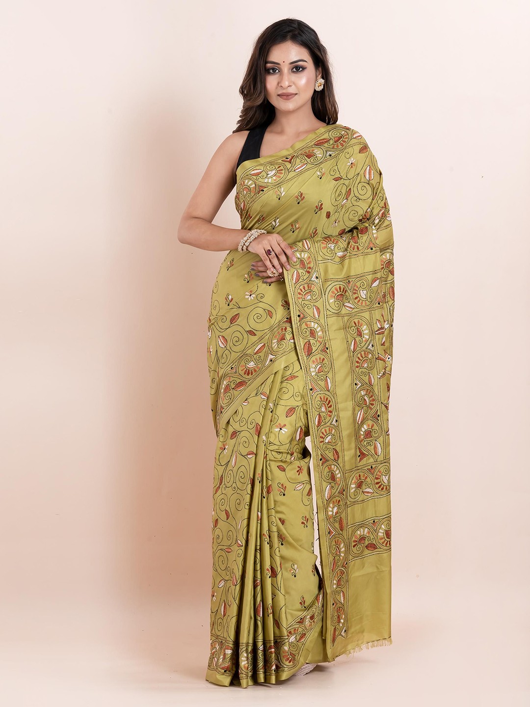 

PUKU Ethnic Motifs Embroidered Kantha Work Saree, Lime green