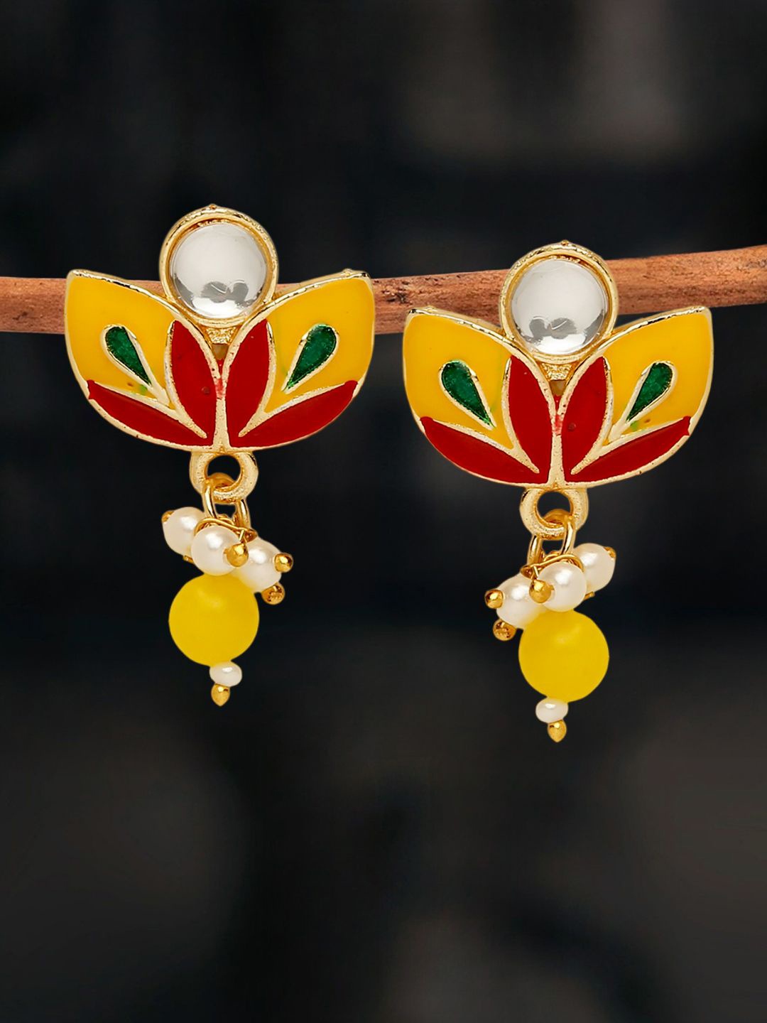 

Anouk Artificial Stones Studded and Beaded Meenakari Floral Shaped Studs, Yellow