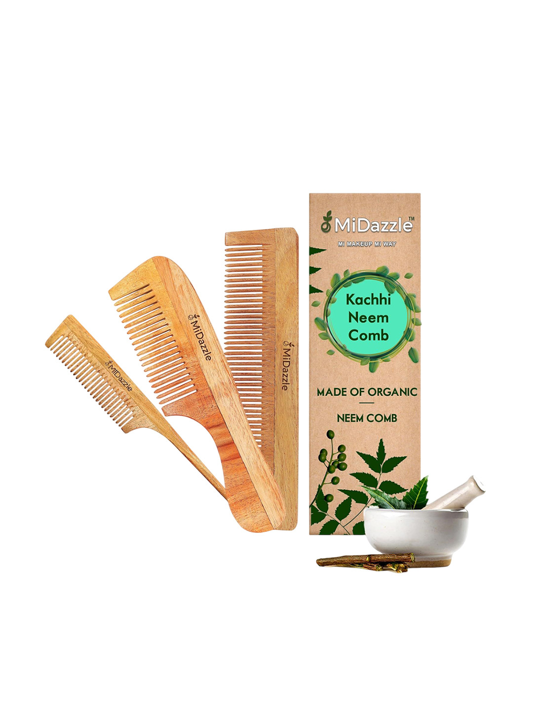 

Omidazzle Set Of 3 Antibacterial Kacchi Neem Wood Comb, Brown