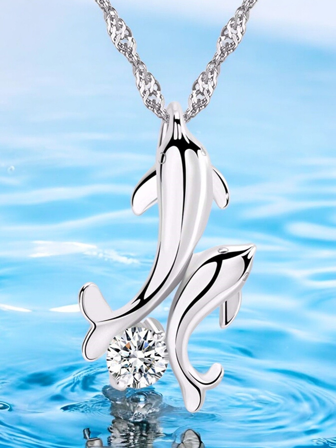 

DressBerry Cubic Zirconia Studded Dolphin Shaped Pendants With Chains, Silver