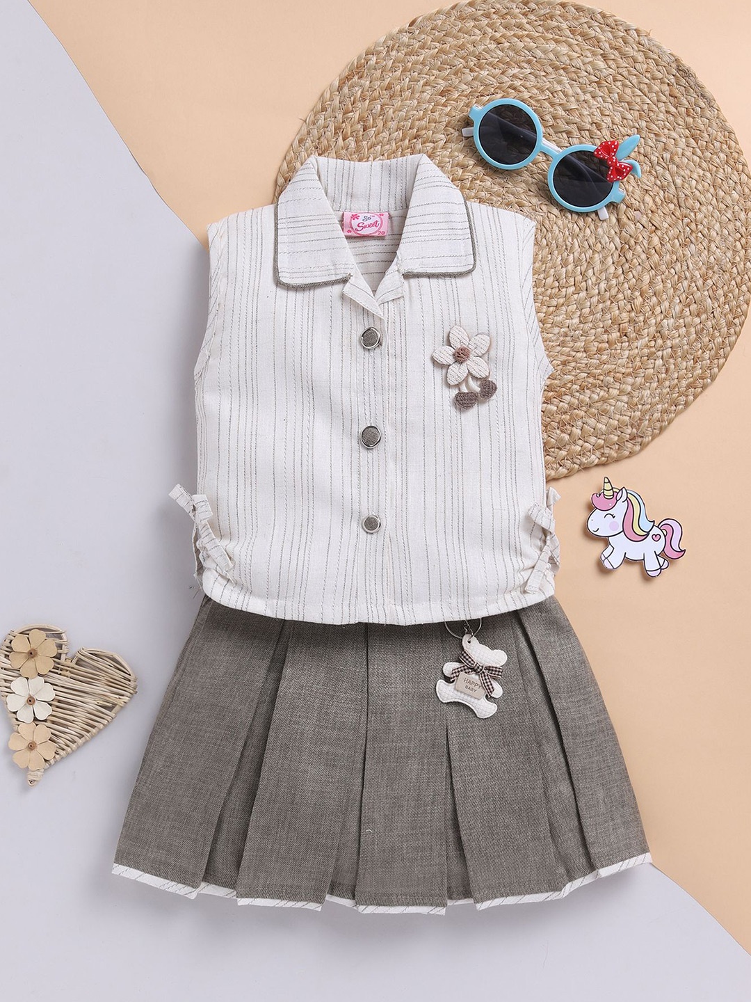 

Toonyport Girls Striped Shirt Collar Top With Skirt, White