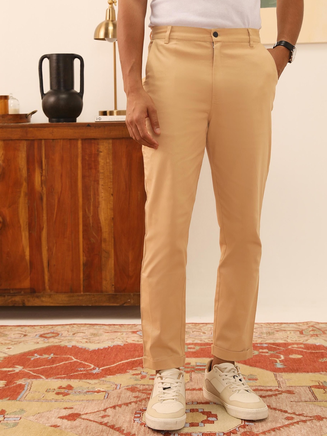 

PRIMAL GRAY Men Cotton Easy Wash Chinos Trousers, Beige