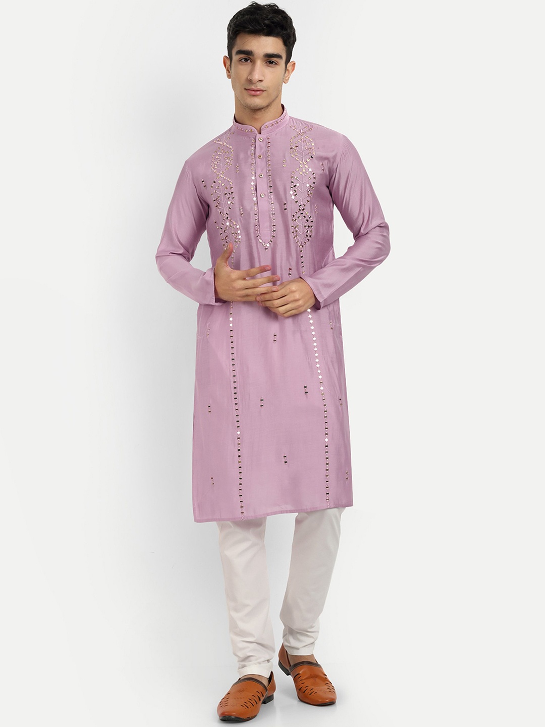 

WELL TEX Geometric Embroidered Mandarin Collar Mirror Work Straight Kurta, Pink