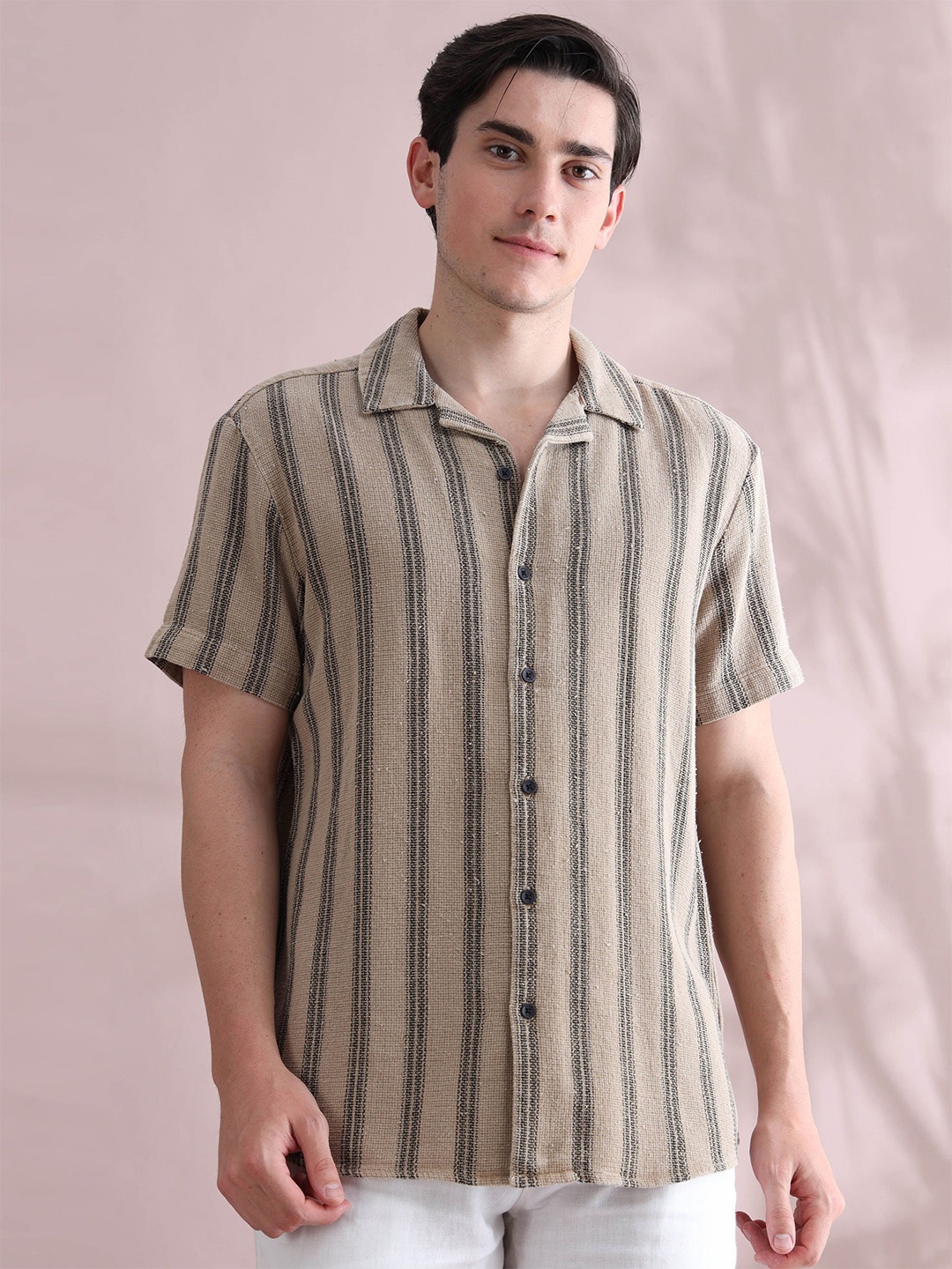 

StitchX Men Short Sleeve Textured Striped Casual Shirt, Khaki