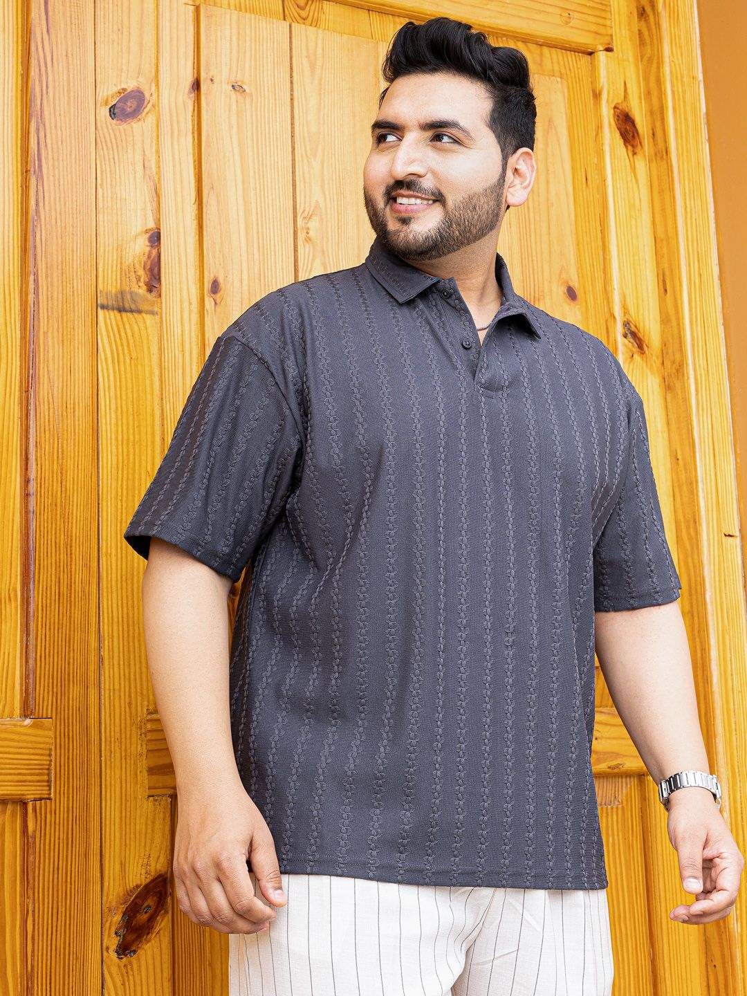 

Instafab Plus Men Polo Collar Pockets T-shirt, Grey
