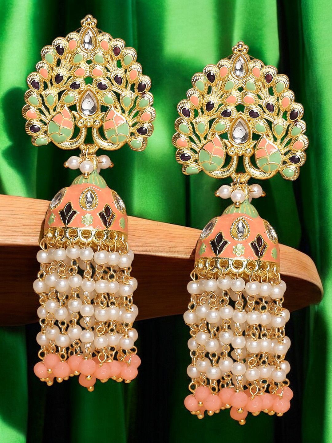 

Anouk Artificial Stones Studded and Beaded Peacock Design Meenakari Dome Shaped Jhumkas, Gold