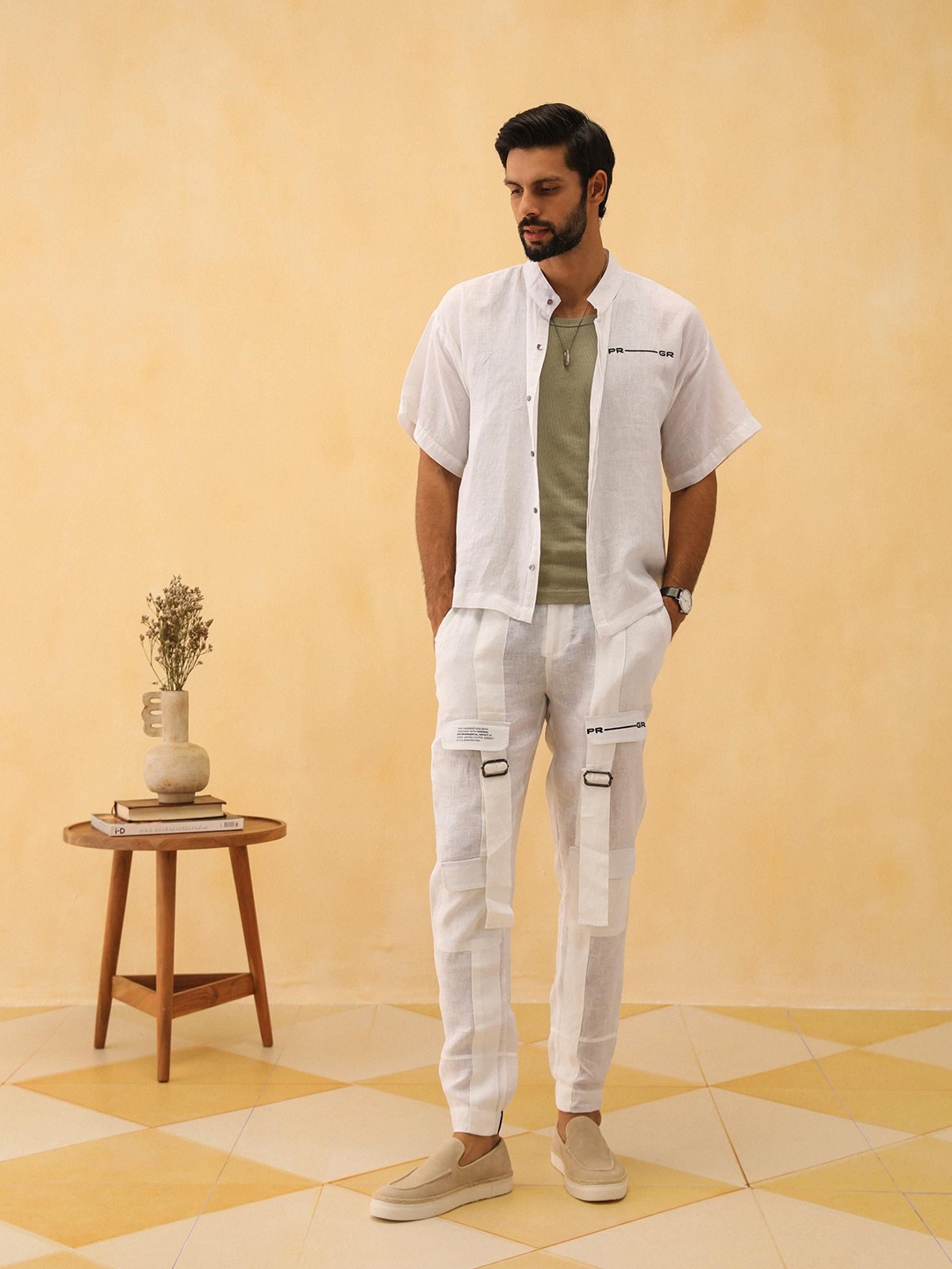 

PRIMAL GRAY Men Oversized Fit Band Collar Solid Linen Casual Shirt, White