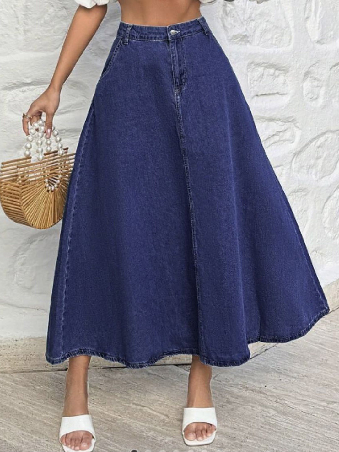 

Tripursundari Fashion Women A-Line Denim Midi Skirt, Navy blue