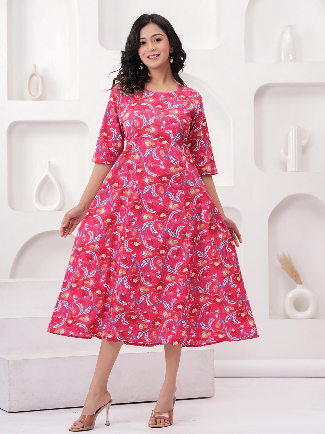 

Sanganeri Kurti Floral Printed Cotton Fit & Flare Midi Dress, Red