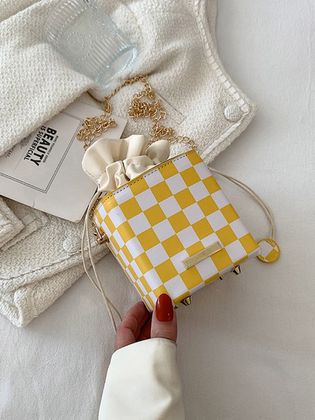

DressBerry Checked PU Bucket Shoulder Bag with, Yellow