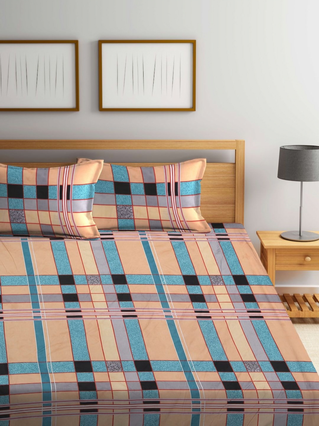 

Myntra Elegant Homes Blue & Peach Printed 300 TC King Bedsheet Set - 2.50 m x 2.20 m