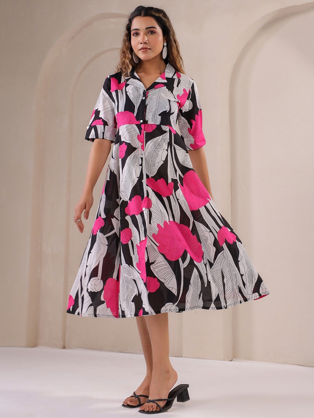

FLAVIA CREATION Floral Printed Cotton Shirt Midi Dress, Black