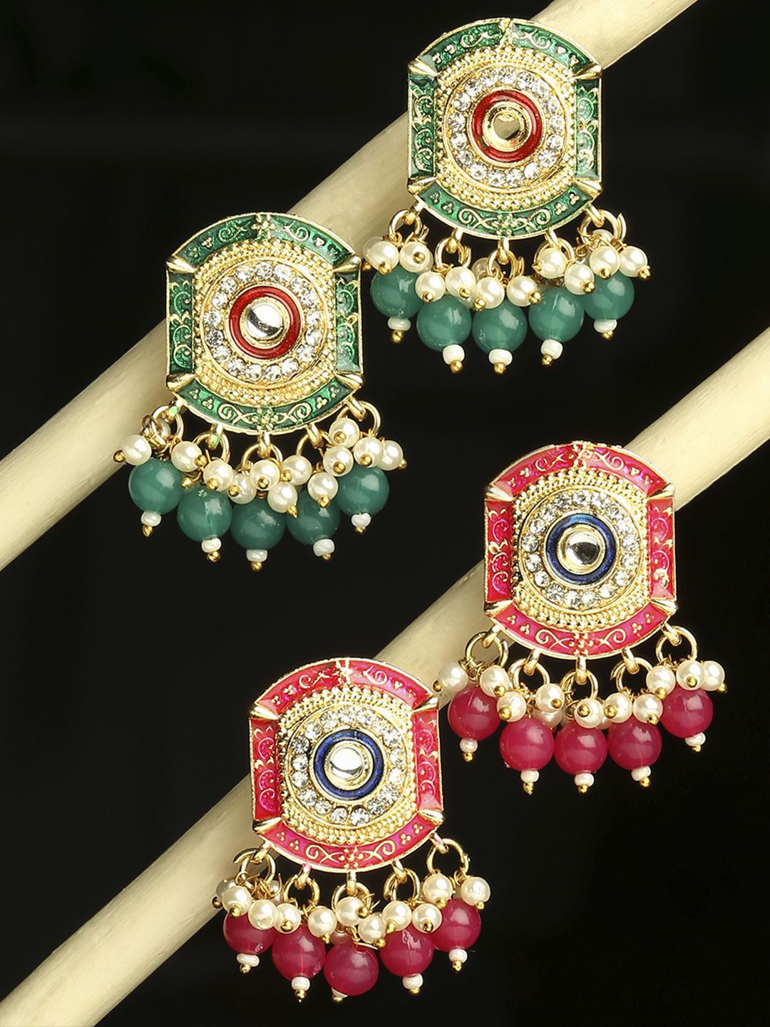 

Anouk Set Of 2 Artificial Beaded & Kundan Studded Geometric Shaped Meenakari Drop Earrings, Gold