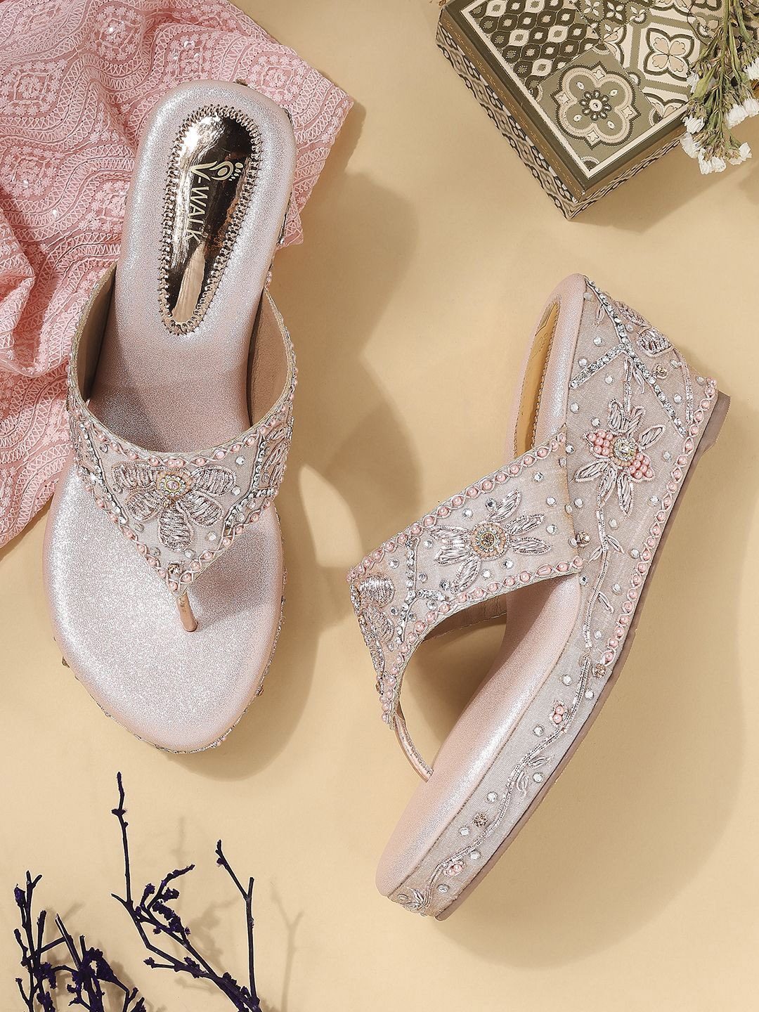 

V-WALK Women Embellished Platform Sandals, Champagne